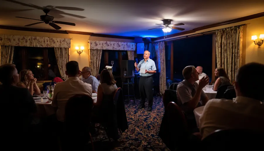 The view from the back of a function room during a speech, over the heads of seated guests, everyone turned towards the man speaking at the far end.