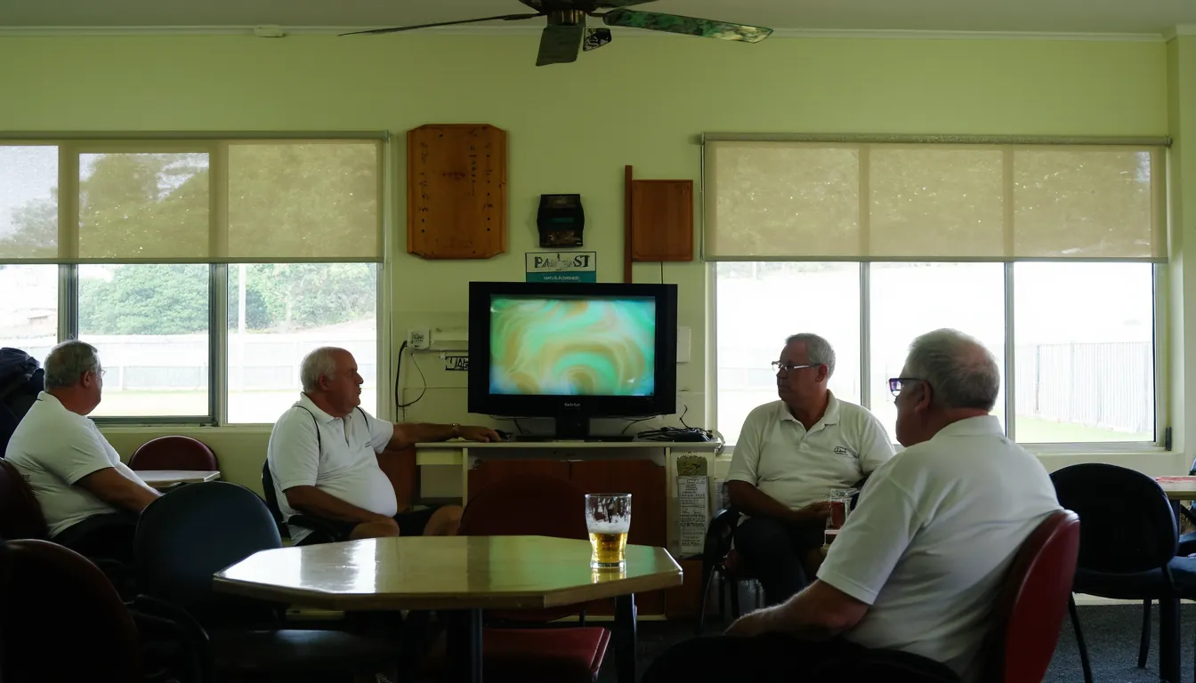 The lounge of a suburban lawn bowls club on a bright weekday afternoon, four members in club shirts sitting around a table with the eJukebox TV screen running across the room.