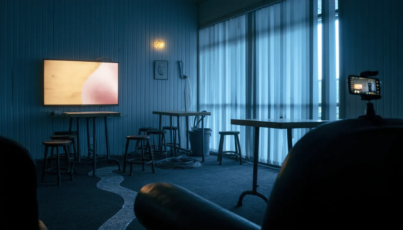 An empty country pub lounge in the morning before opening, chairs still pushed in, the screen already up and running on the wall.