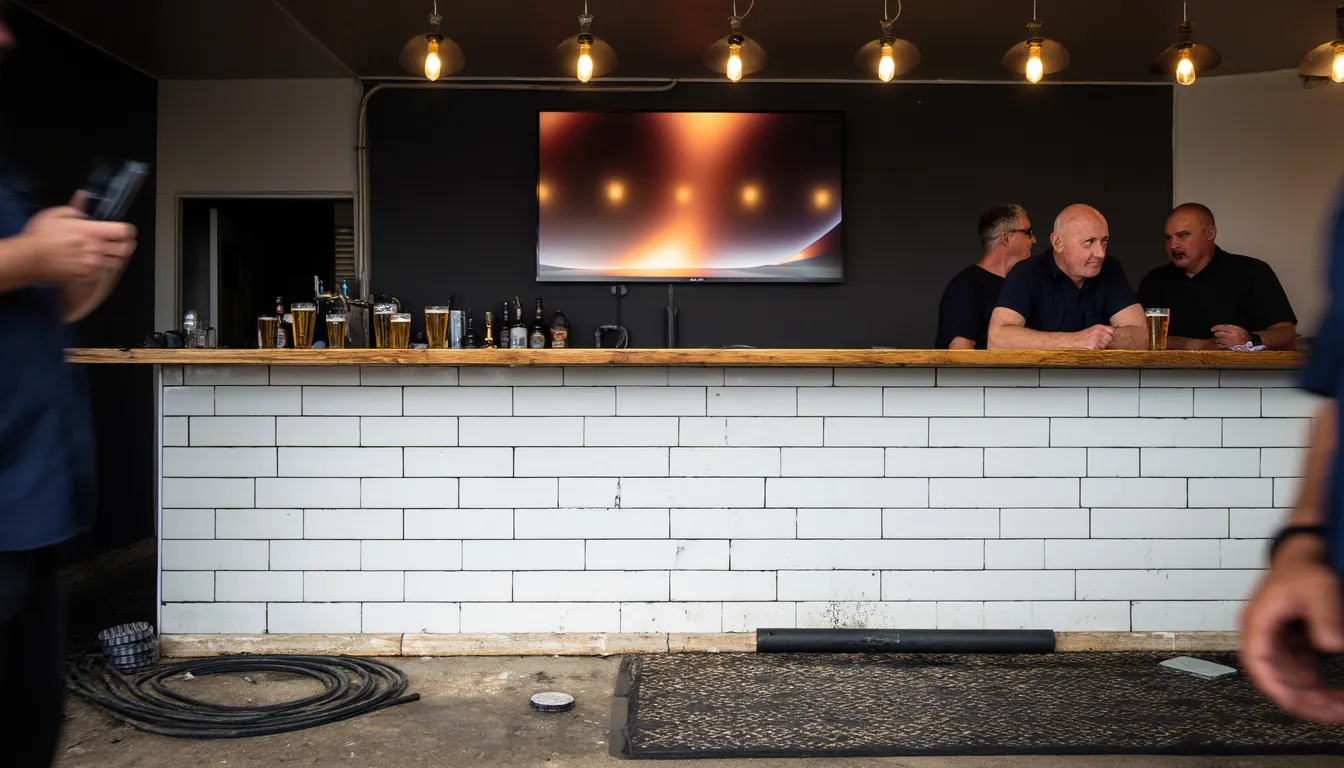 A widescreen TV mounted on the wall behind a long tiled front bar, running the display in the afternoon while a few regulars talk at the far end.