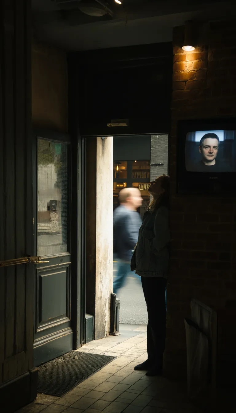 A woman stopping just inside the front doors of an older pub to look up at a screen mounted on the brick wall of the entry.