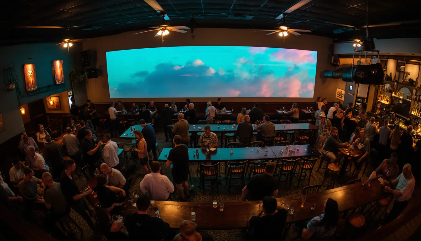 The main bar room of a large pub on a Friday night, the display on the wall the brightest thing in the room above the crowd.